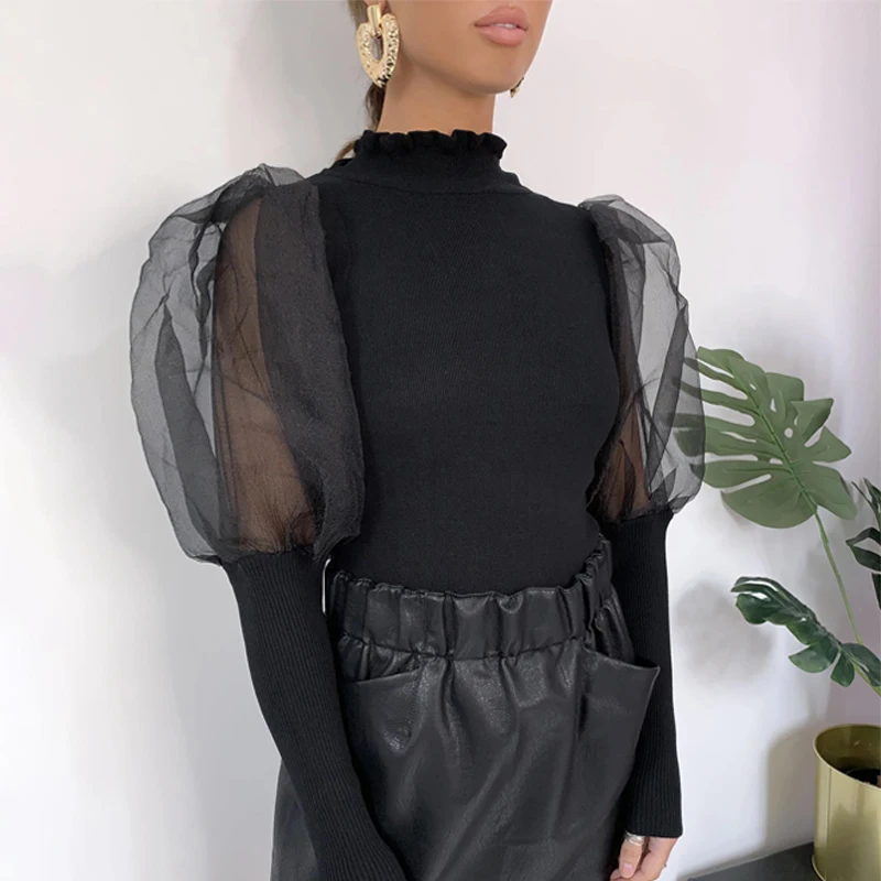 Dulzura women blouse shirts ruffles ribbed mesh elegant long puff sleeve turtleneck autumn winter party clothes office OL