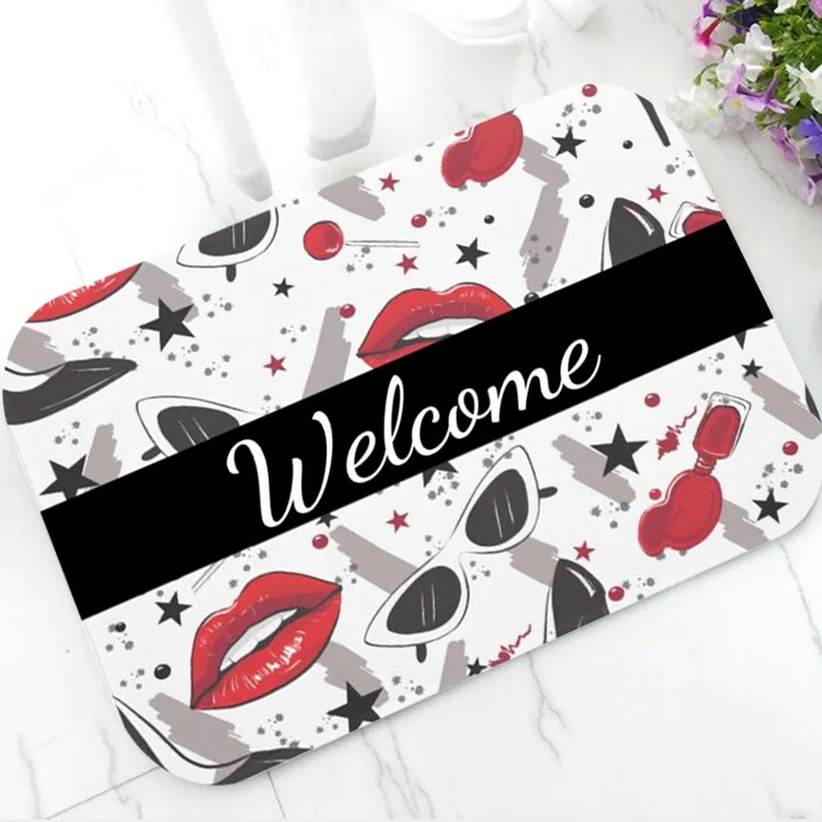 

Fashion Makeup Beauty Salon Entry Floor Mat Red Lips Nail Polish Stylist Welcome Anti Slip Rubber Doormat Rug Carpet Mat Make up