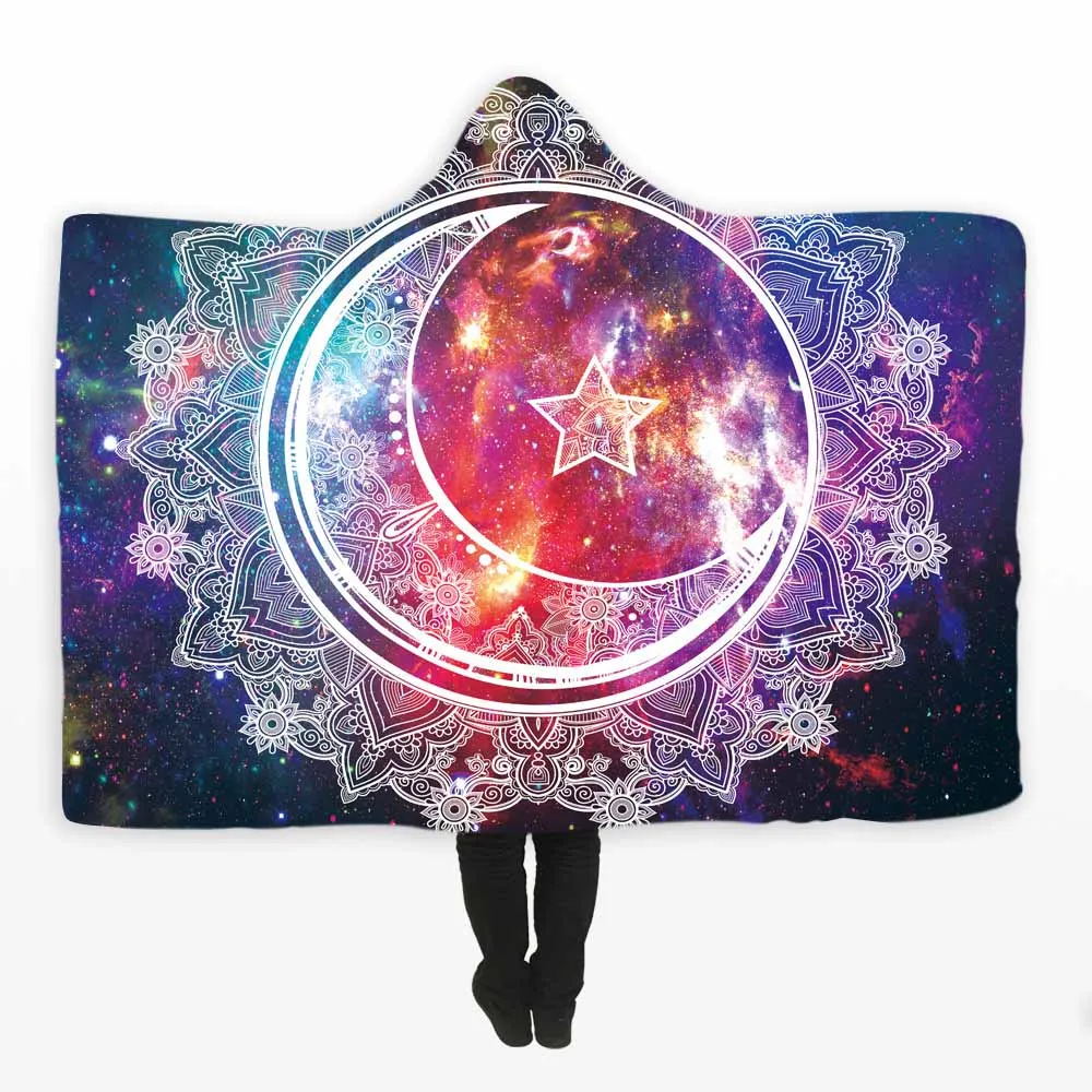 Psychedelic красочные сверкающие солнце и луна печатных с капюшоном одеяло для взрослых детей супер мягкий коралловый флисовый плед на диване