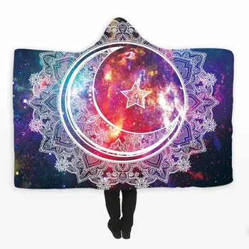 

Psychedelic Colorful Sparkling Sun And Moon Printed Hooded Blanket For Adults Kids Super Soft Coral Fleece Throw Blanket On Sofa