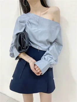 

2020 WOMEN'S's Sexy Horizontal Neck Shirt off-Shoulder Clavicle Slimming Scheming Sense of Design Non-mainstream Shirt