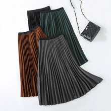 Весна, Женская длинная Плиссированная Юбка Макси цвета металлик, серебристый цвет, юбка миди, высокая талия, эластичная Повседневная, вечерние, юбка