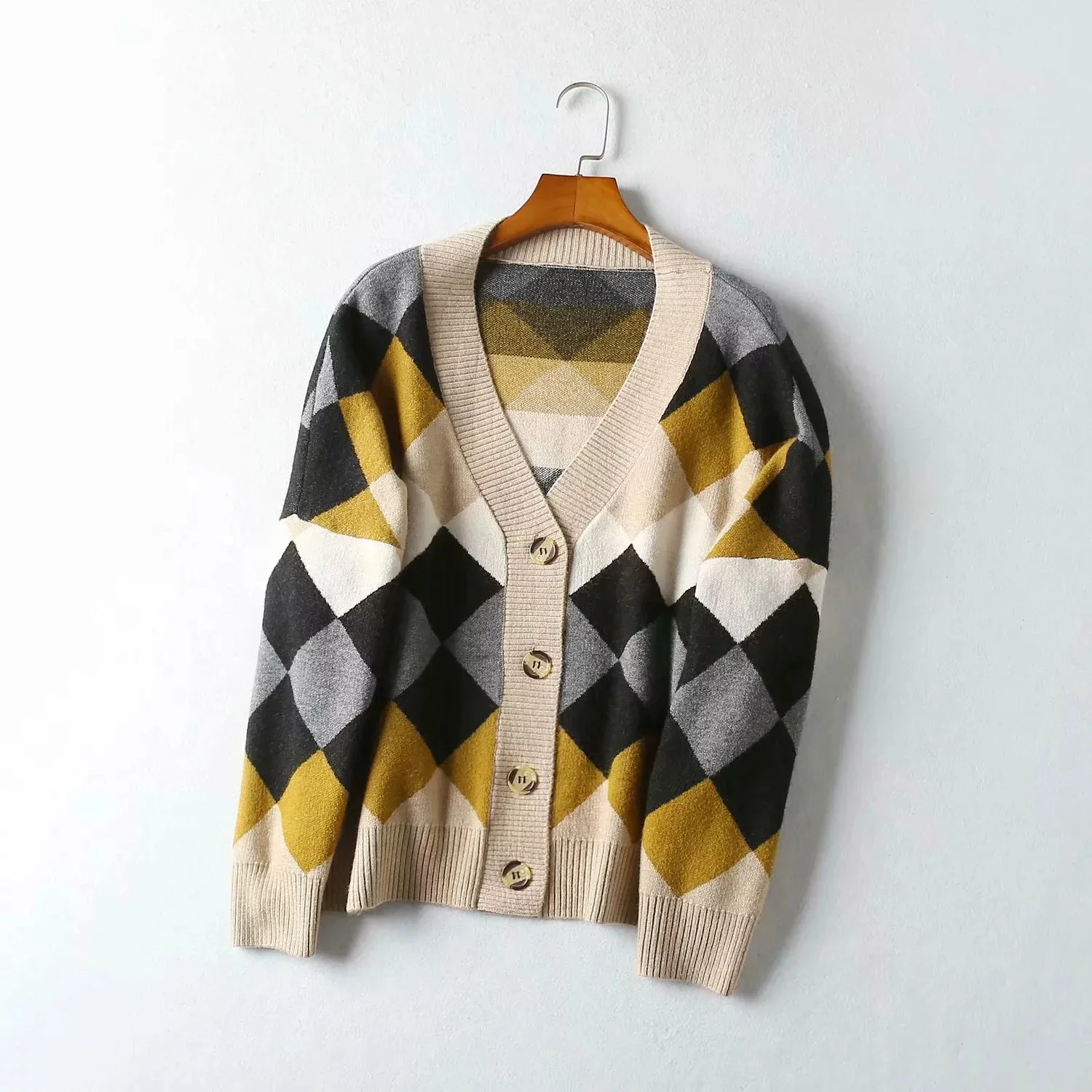 

C8047-st9249 Women's Dress New Products Rhombus Knitted Cardigan Sweater
