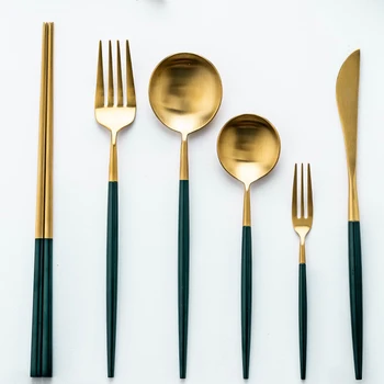 

Green Golden European 304 stainless steel knife fork spoon set dessert spoon household western tableware set