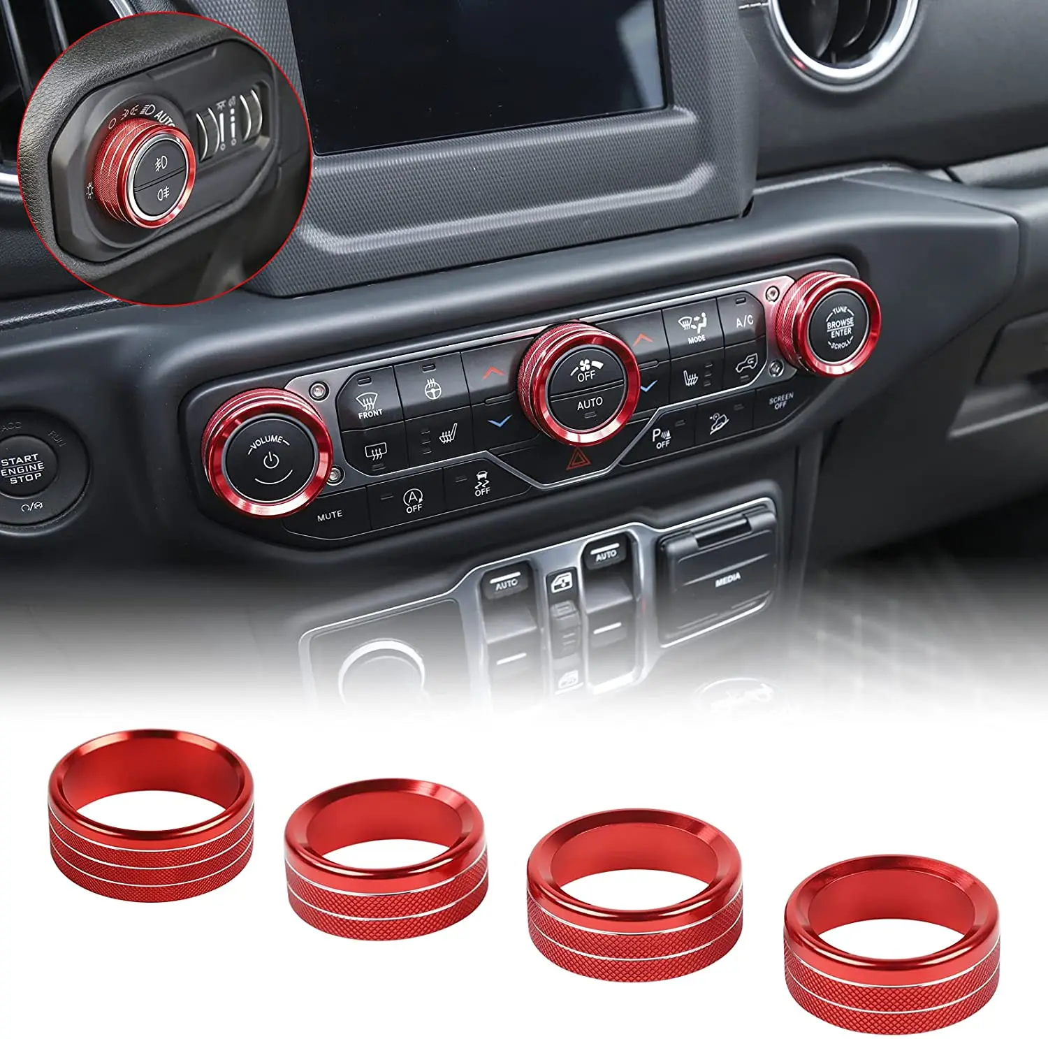 4 Pezzi Manopola Aria Condizionata E Pulsante Di Controllo Audio Faro Cerchio Decorazione Anello Di Copertura Copertura Per Jeep Wrangler Jl 2018-2022