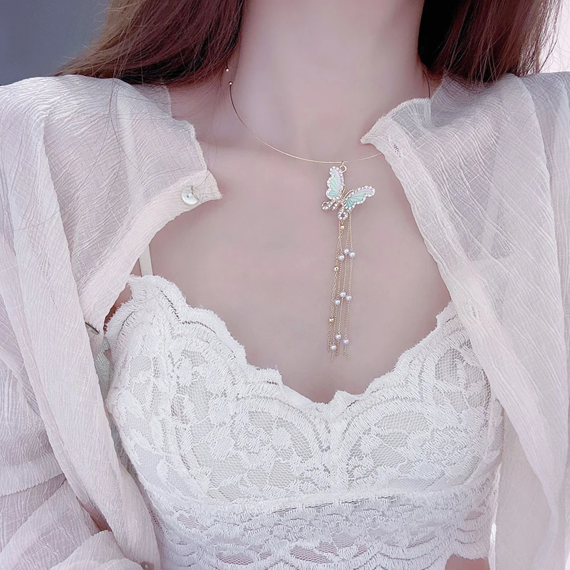 Ins Hot Sale Colorful Zircon Butterfly Necklace for Women Long Design Tassel Pearl Choker Torques Wedding 14k Jewelry Pendant - Image 3