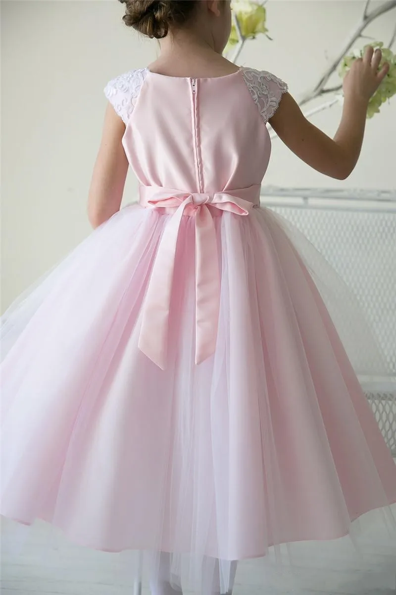 Lovely White Flower Girls Dresses Tea Length Embroidery Handmade Flowers Cheap Little Girls Formal Gown GL