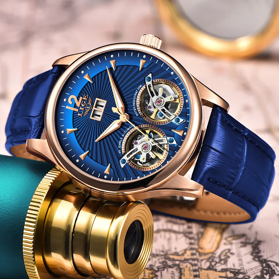 LIGE, новинка, мужские часы, механические, двойной Tourbillon, Роскошные, модные, брендовые, кожа, мужские, спортивные часы, мужские, автоматические часы, Montre Homme