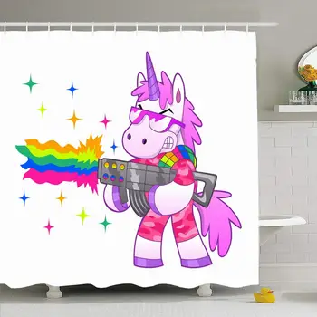 

Shower Curtain Set with Hooks 72x72 Cute Pink Soldier Unicorn Shoots Battle Angry Fun Tale Animal Weapon Rainbow Animals Cool