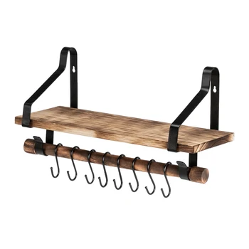 

Floating Wall Shelf Rustic Wood Kitchen Spice Rack with Towel Bar 8 Removable Hooks JS22