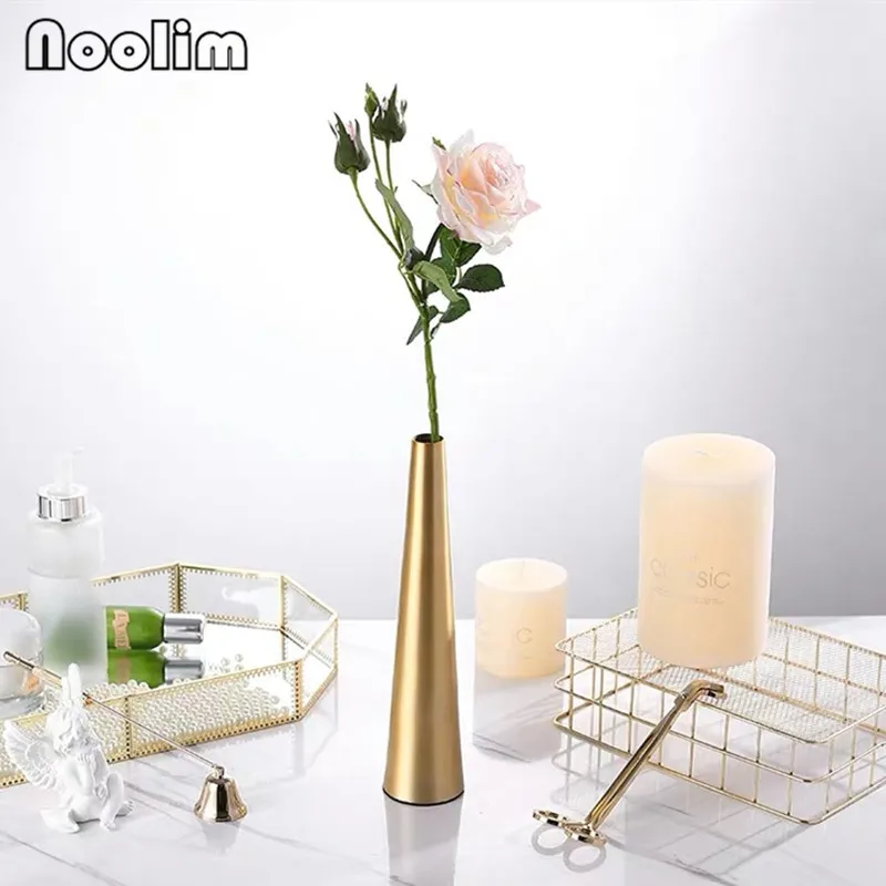 L with flower-A Скандинавская простая модная металлическая матовая ваза для цветов Европейский Стиль Золотая емкость для цветов гостиная украшение для стола домашний декор - Цвет: L with flower-A