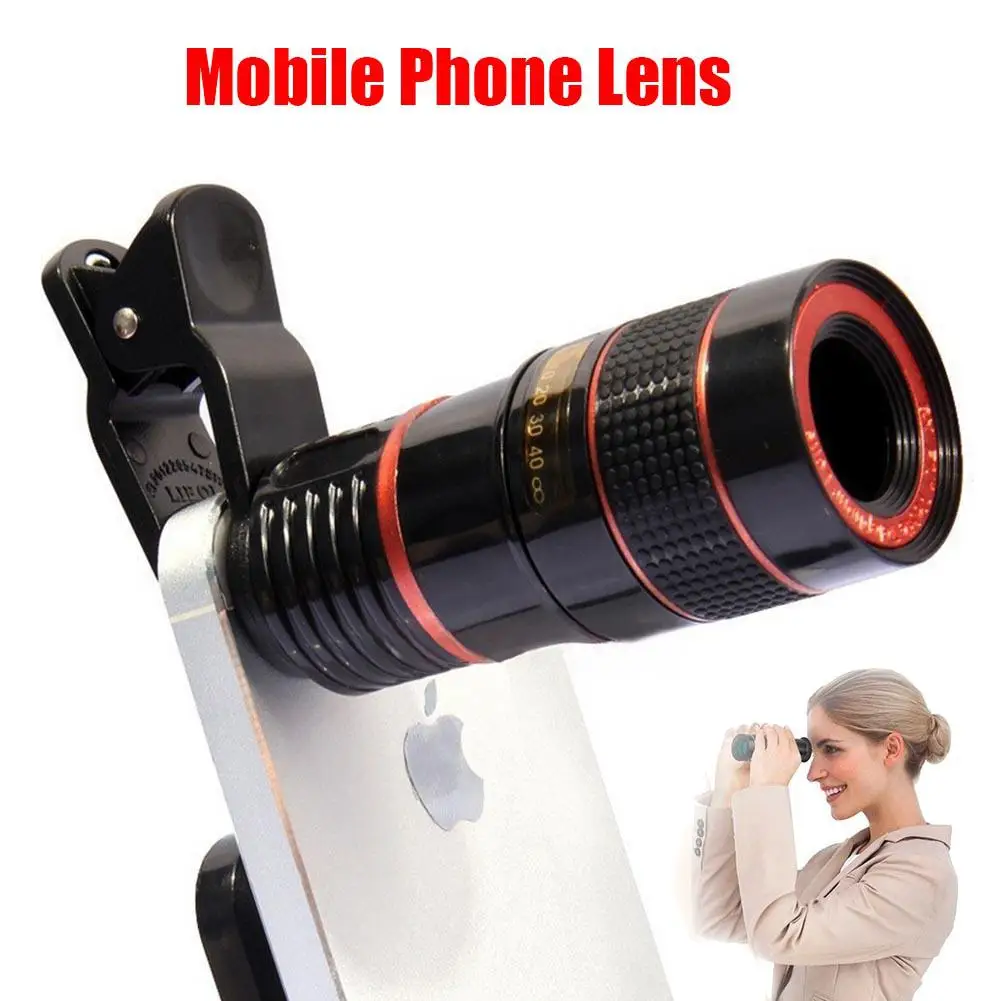 1 Set HD External Camera Lens Cell Phone Camera Lens 12X Zoom Telephoto Universal Clip Cell Phone Lens Adapters For Games Camping Travelling Black