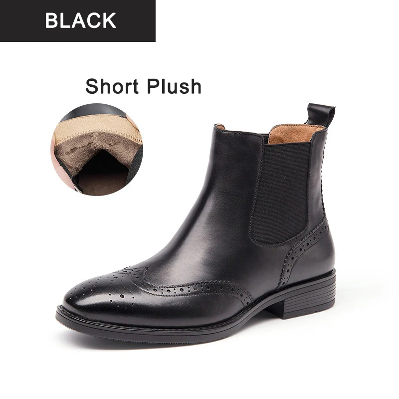 black short plush Женские ботинки «Челси» в британском стиле; зимние ботинки с перфорацией типа «броги» Для женщин; женские ботильоны из натуральной кожи с квадратным носком; ботинки - Цвет: black short plush