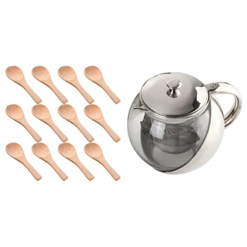 

1pcs Stainless Steel + Glass Teapot with Loose Tea Leaf Infuser & 50pcs Small Wooden Spoon Mini Natural Spoon
