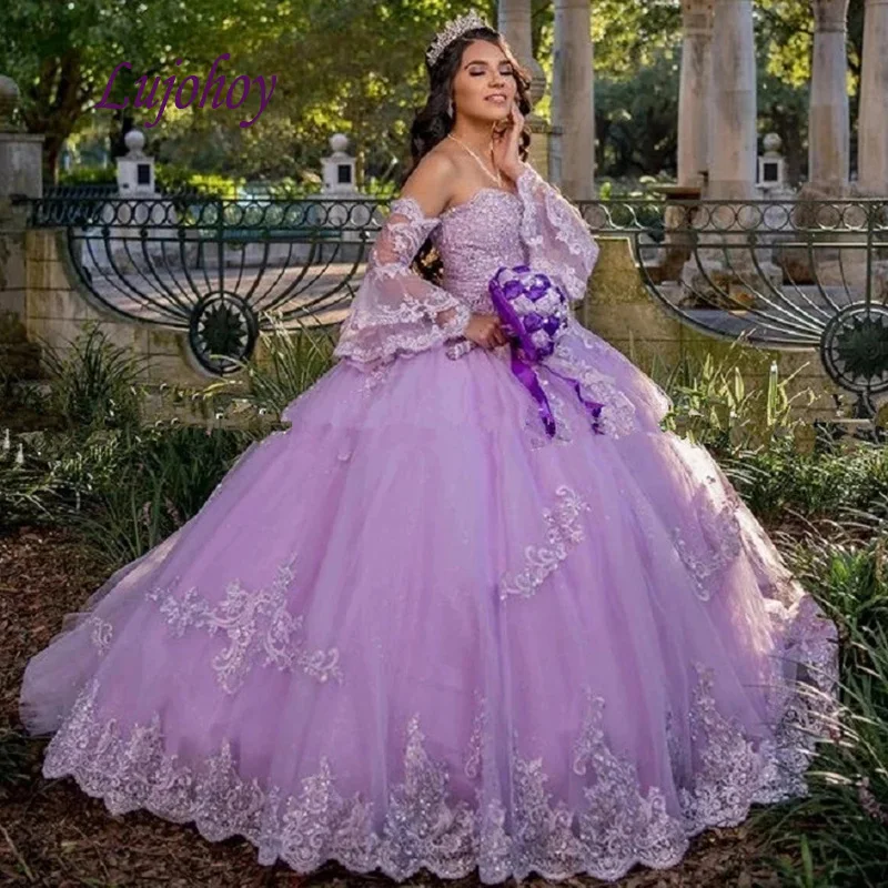 Lilac Long Sleeve Quinceanera Dresses 
