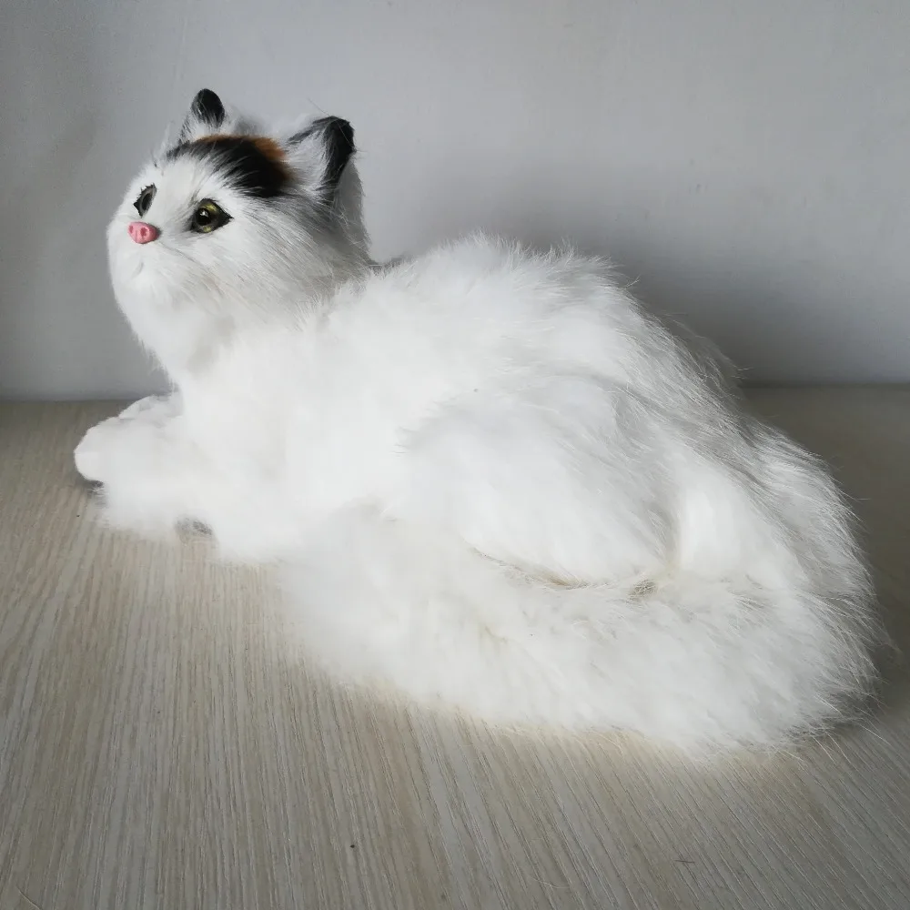 Настоящая игрушка, белая кошка, жесткая модель, около 28x15x18 см, пластиковая и меховая кошка, украшение для дома, игрушка, рождественский подарок, b0802
