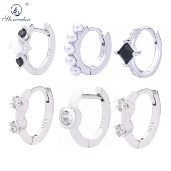 

Slovecabin 2019 Silver Single Pearl Hoops Huggies Clips Piercing Circle Loops Round CZ Crystal Women 2019 Fashionable Jewelry