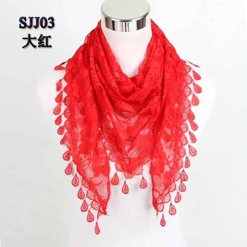 Bright red Новая модная женская шали с бахромой и шарфы Осенняя Женская шелковая Цветочная кружевная подвеска треугольная Шарф Модный женский шарф - Цвет: Bright red