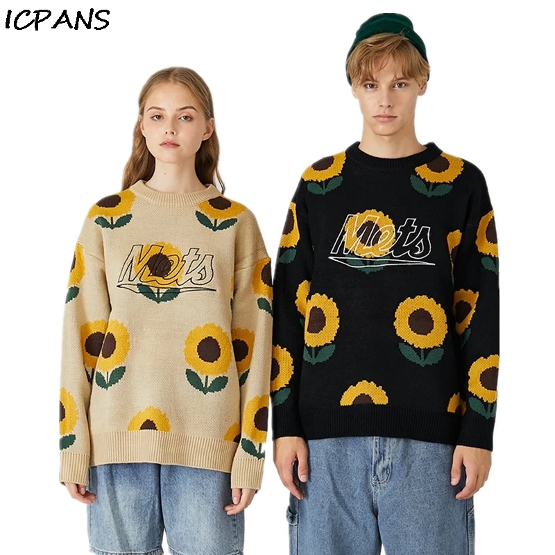 

ICPANS Couple Loose Sunflower Port Wind Sweater Men Women 2019 Autumn Spring Fashion Pullovers Streetwear Man