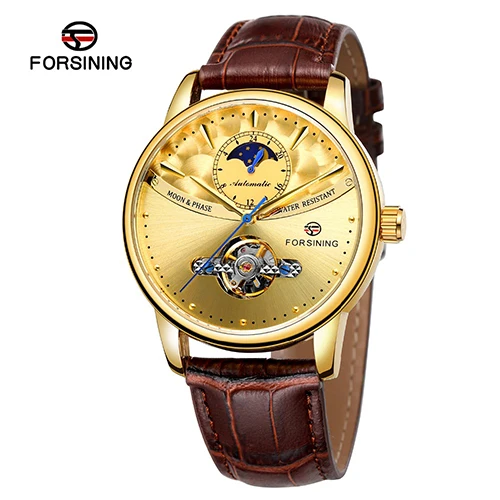 Gold Forsining классические синие Moon Phase механические часы черный ремень из натуральной кожи мужские наручные часы мужские Reloj Hombre - Цвет: Gold