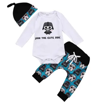 

2020 Newborn Baby boy cool outfit Long Sleeve lovely cartton white Romper top blue pants hat 3 pcs Outfit boys Clothes 0-24M