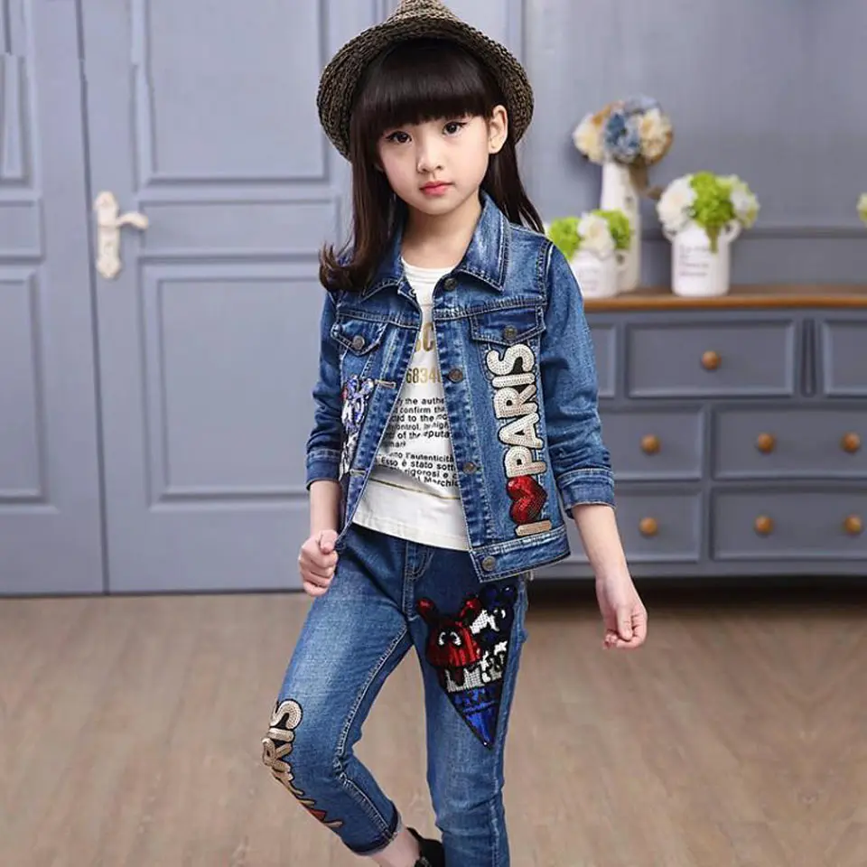 Baby Girl Clothes 4 5 6 8 10 12 Years Girls Clothing Set Denim Jacket+ Jeans 2pcs Flower Girl Suit Cotton Casual Girls Outfits