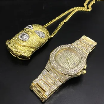 

Luxury Men Gold Color Watch Men Watch & Braclete Combo Set Hip Hop Jewelry Stylish Ice Out Cuban Masked Human Head Necklace