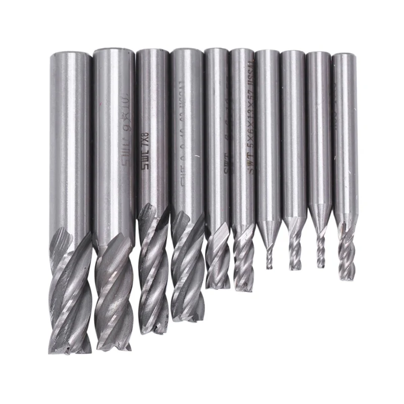 10Pcs 4 Flute End Mill Set Straight Shank High Speed Steel Milling Cutter Tool Set 1.5/2/3/4/5/6/7/8/9/10Mm