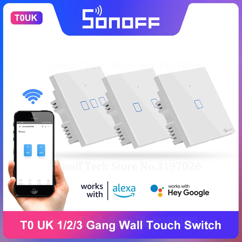 Умный настенный сенсорный выключатель Itead Sonoff T0UK 1/2/3 клавиши Wi-Fi управление