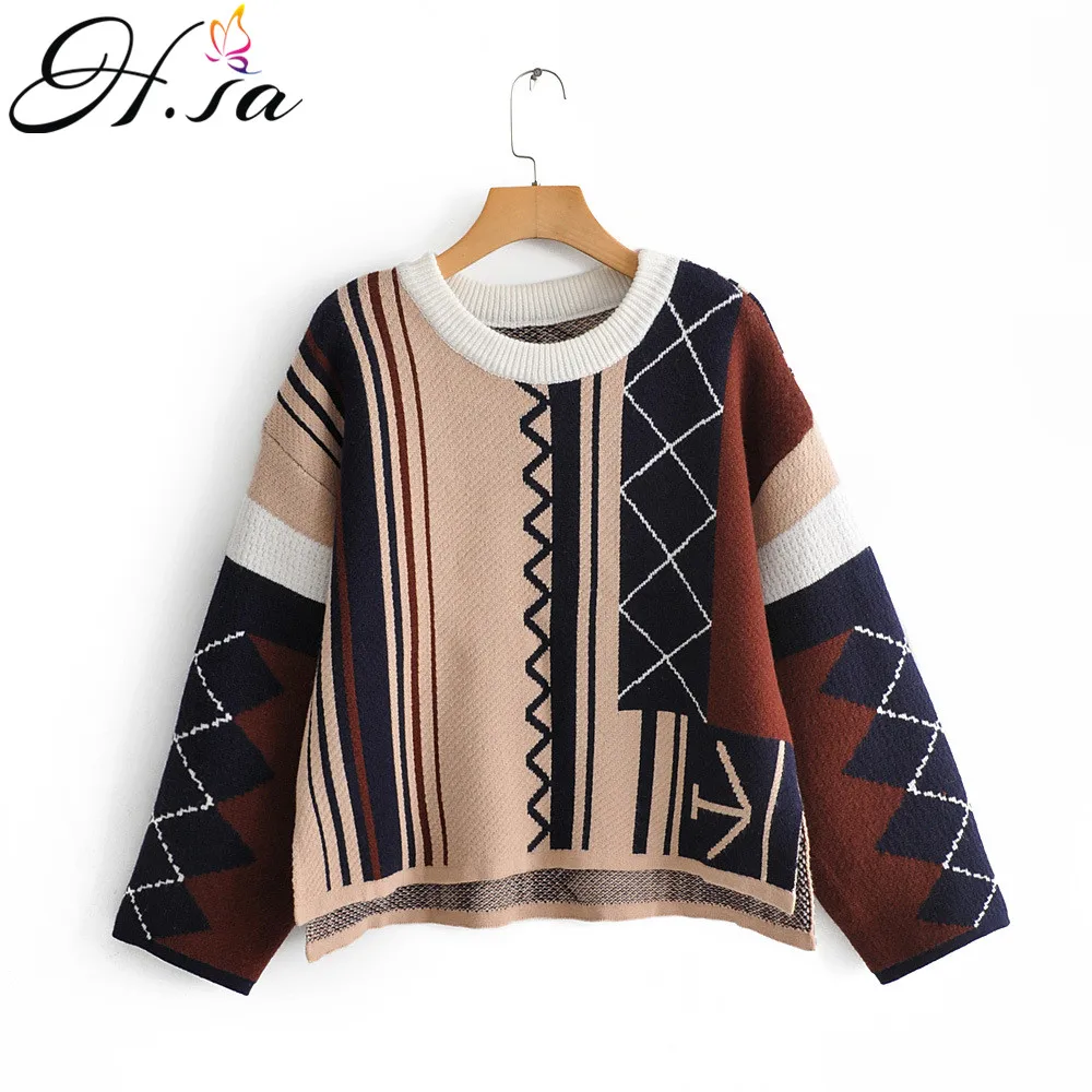 

H.SA 2019 Women Oversized Sweater and Pullovers Long Sleeve Vintage Retro Jumpers Geomertric Sweater Female Winter Tops