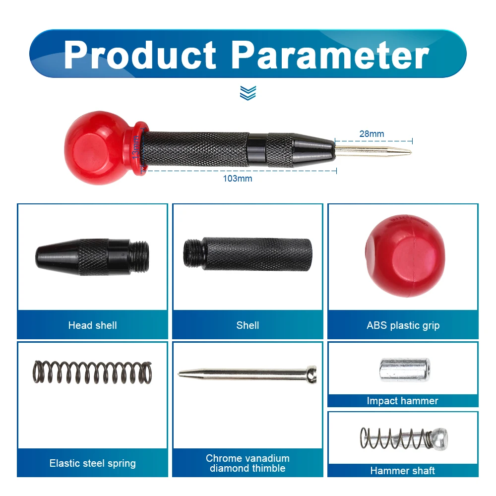 NINDEJIN 자동 센터 펀치 1pc 스프링로드 홀 센터 펀치 목재 금속 구멍 마킹 조정 가능한 임팩트 펀처