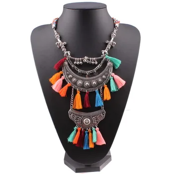 

2020 New Design Bead Chain Colorful Tassel Necklace Vintage Alloy Chunky Statement Pendant Women Necklace Wholesale