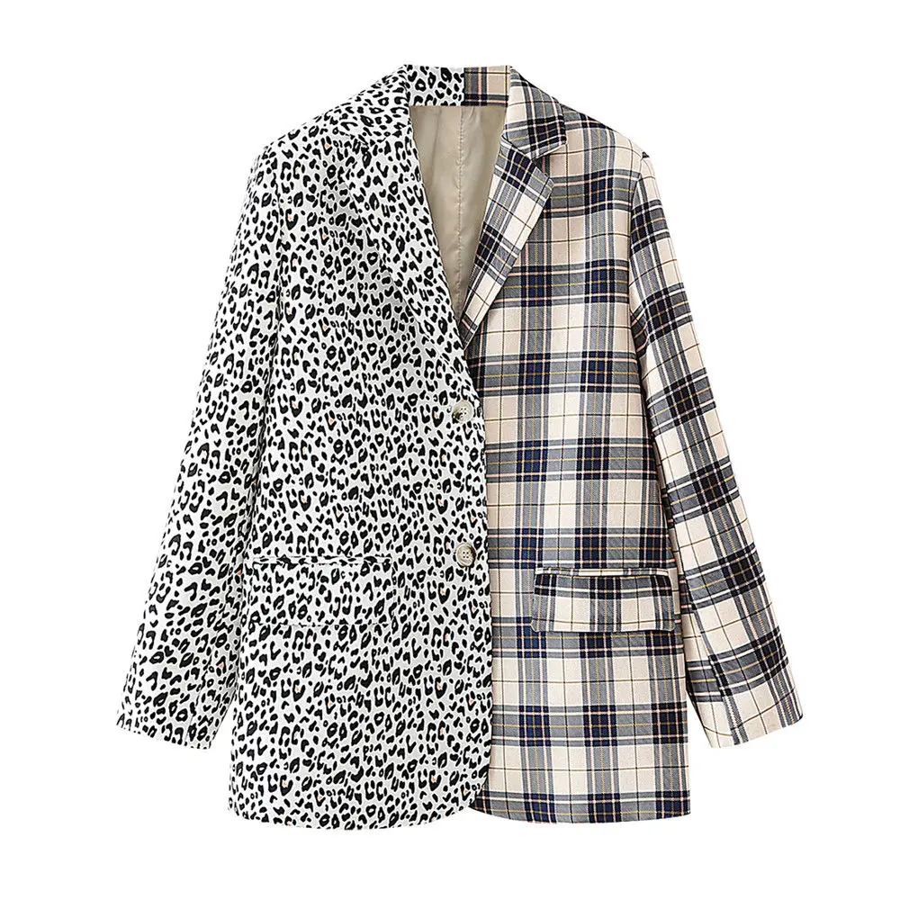 

Plaid Patchwork Leopard Elegant Women Blazer Oversize Chic Pockets Jacket Single Breasted Office Lady Work Coat Outwear