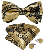 Men's Silk Pre-tied Bow Tie 3 PCS Set Silk Black Gold Floral Bow Tie Cufflinks Pocket Square Set for Wedding Party Man Cravate