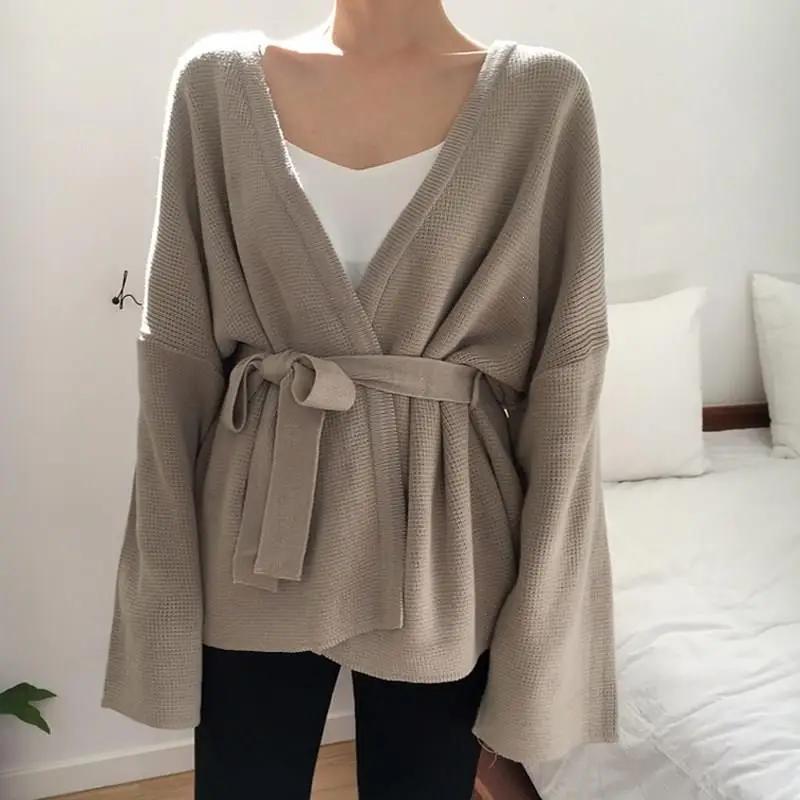 Новые осенние и зимние кардиганы, короткие вязаные женские свитера, однотонные свободные свитера с поясом, кардиганы