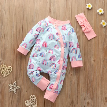 

bunvel Newborn Infant Kids Baby Girls Jumpsuit Jumpers Solid Headband+Rainbow Printed Rompers Long Sleeve Baby Outfit Clothes