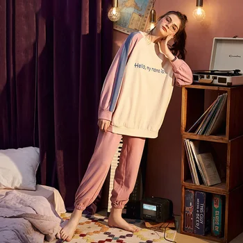

Autumn New Cotton Pajamas Women's Long-sleeved Trousers Letter Printing Fresh and Lovely Sweet Home Service Suit Nuisette Femme