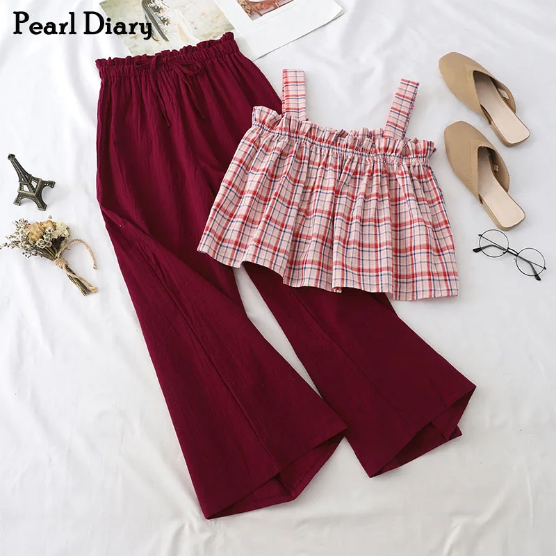 Pearl Diary 2 Pieces Sets Outfits Check Strappy Tube Top Elasticated Bow Tied Waist Wide Leg Long Trousers Summer Co-ords New check tassel winter new temperament elegant imitation cashmere women scarf thickened warm fashion comfortable collar long shawl