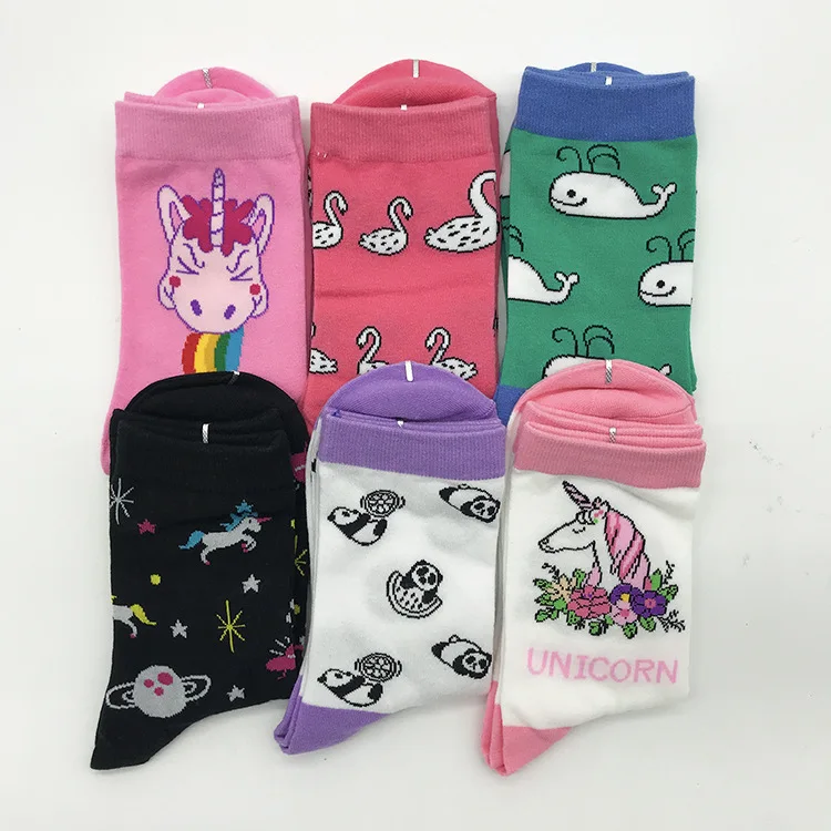 

6pair/lot Fashion Autumn Winter Women Personality Animal Combed Cotton Sock Unicorn Panda Swan Whale Pattern Female Funny Socks