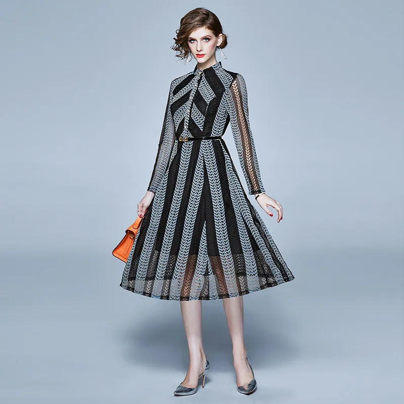 

Europe And America 2020 Spring Winter WOMEN'S Dress New Style Elegant Hollow out Flocked Lace Long Skirts Slim Dress Fashion