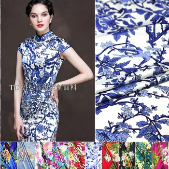 

150cm heavy elastic printed fabric high imitation silk cheongsam fabric digital printing Hanfu dress fabric wholesale cloth