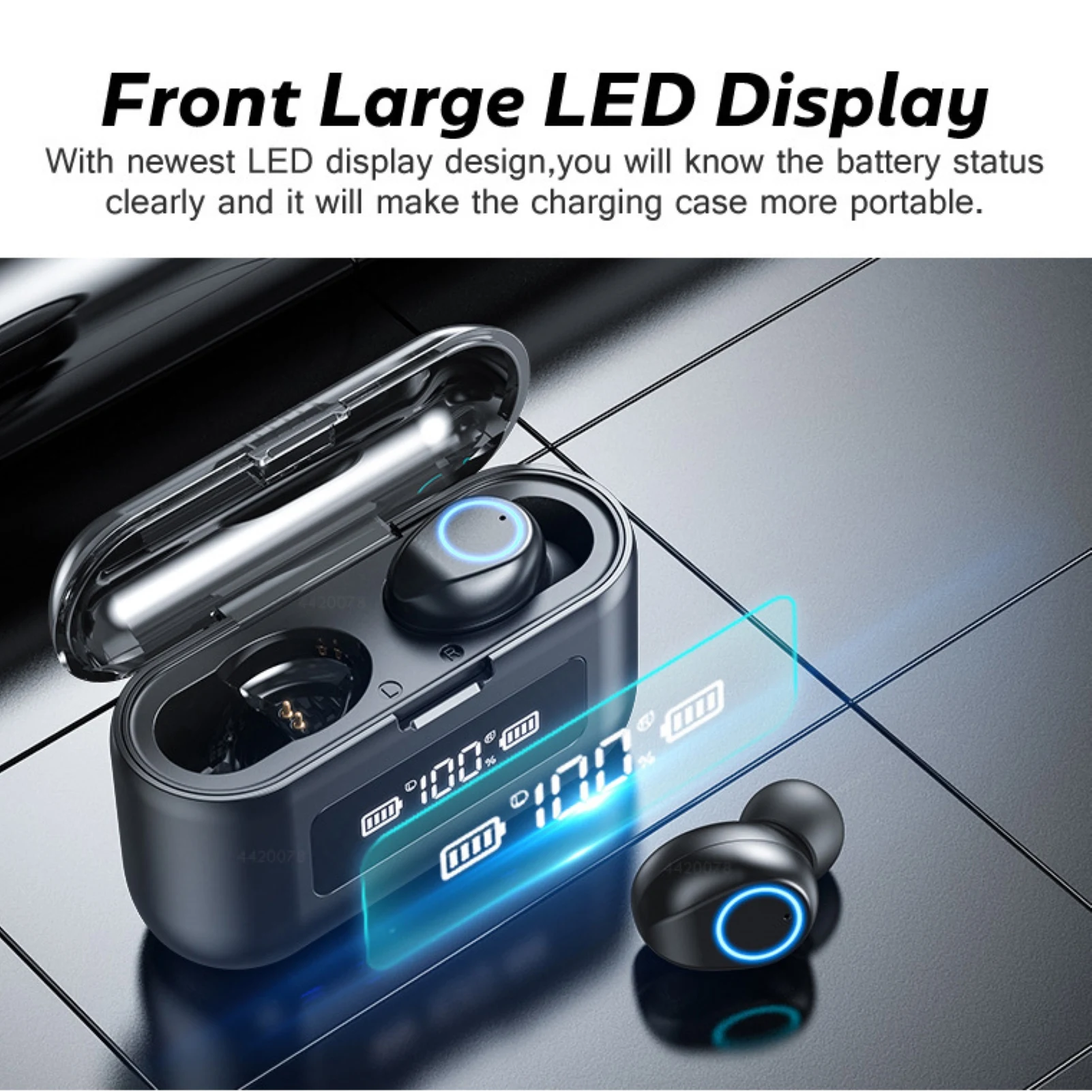 Wireless Bluetooth Headphone LED Power Digital Display IPX7 Waterproof Earphone Lightweight with 2000mah Charging Bin Earbud