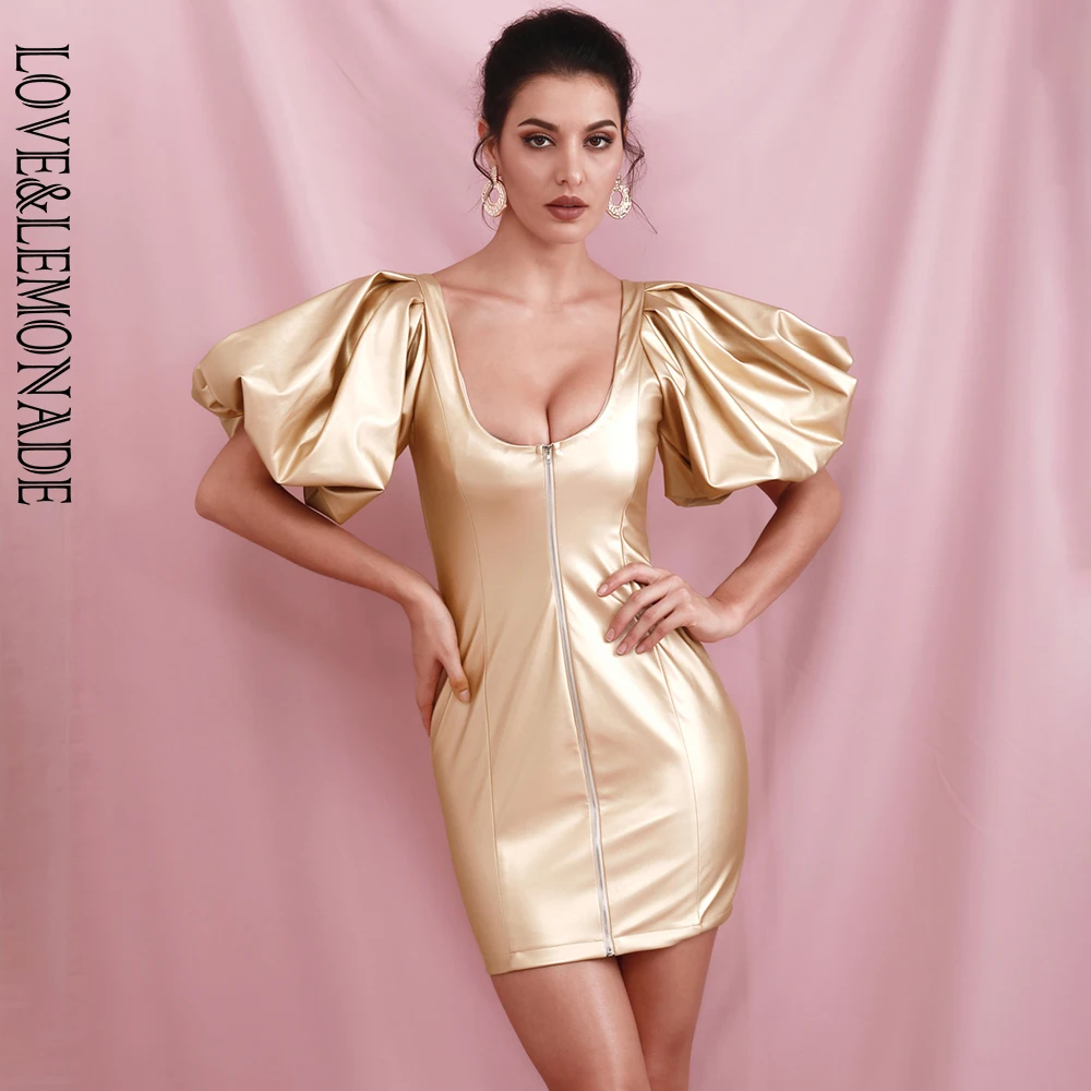 LOVE&LEMONADE, сексуальное, золотое, круглый вырез, открытая молния, большой рукав-пузырь, эластичное, ПУ, облегающее, вечерние, мини-платье, LM82233