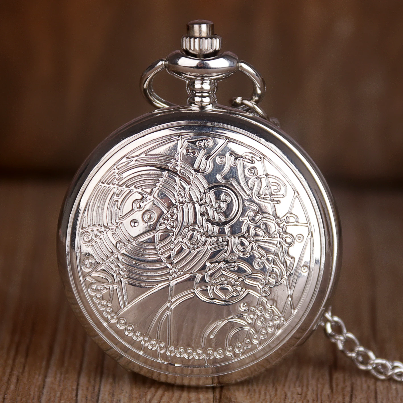

Creative Quartz Pocket Watch with Silver Necklace Chain Geometric Pattern Men Women Pendant Jewelry Christmas Gift