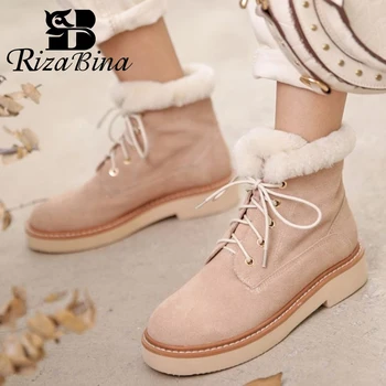 

RIZABINA Real Leather Women Snow Boots Plush Fur Warm Flats Winter Shoes Woman Cross Strap Fashion Platform Footwear Size 34-39