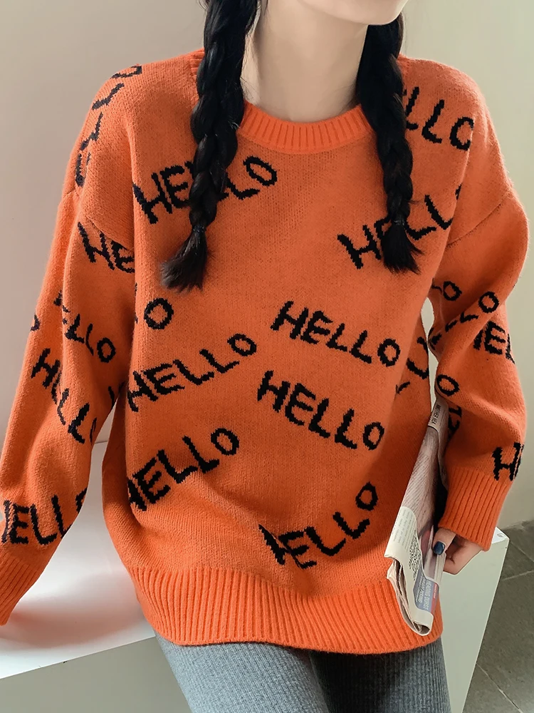 

Женский трикотажный пуловер Harajuku, Повседневный свитер с длинным рукавом, круглым вырезом и вышивкой букв, зима 2020