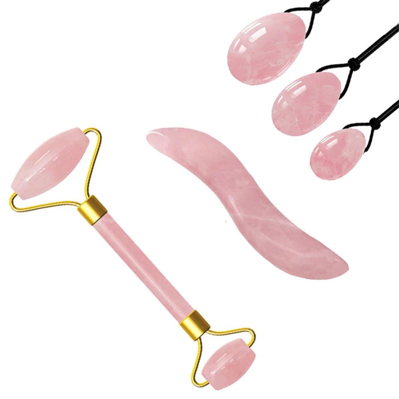 3Pcs Set B Розовый кварц нефритовый ролик s-образный Gua Sha доска Yoni яйцо нефритовые яйца набор для массажа лица Кристальный камень нефрит Массажер для кожи лица ролик - Цвет: 3Pcs Set B