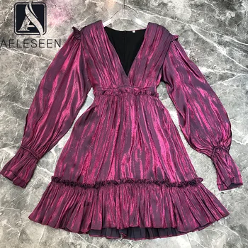 

AELESEEN Runway Fashion Women Dress Designer New Spring Autumn V-neck Long Sleeve Slim Ruffles Mini Party Sexy Dresses