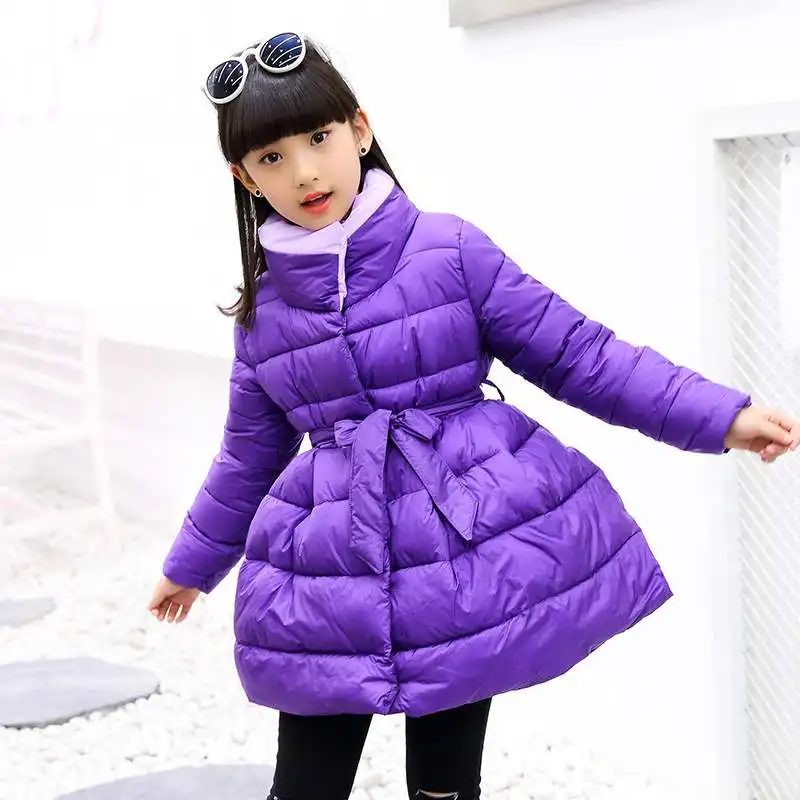 

New Children's Clothing Fashion Winter Fur Jacket For Girls Sweet Bow Cotton Padded Warm Thick Parka Long Solid Coat 3-14 Years