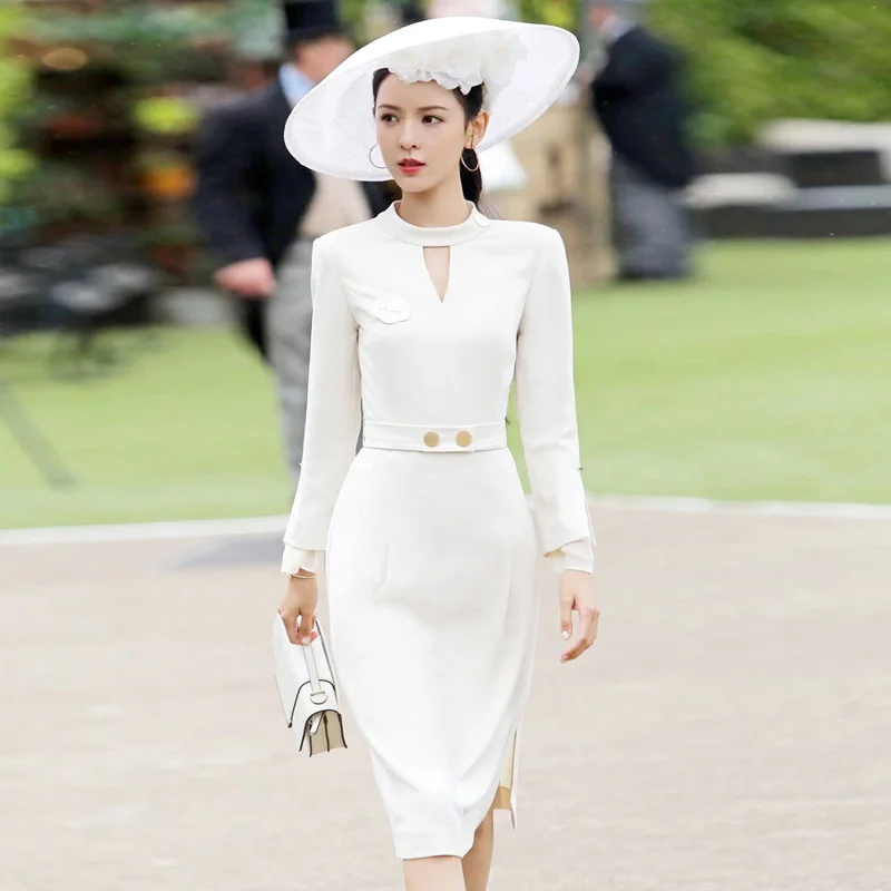

Milan Runway Designer High Quality 2019 Autumn New Women'S Fashion Work Party Sexy Vintage Elegant Chic White Long Sleeve Dress